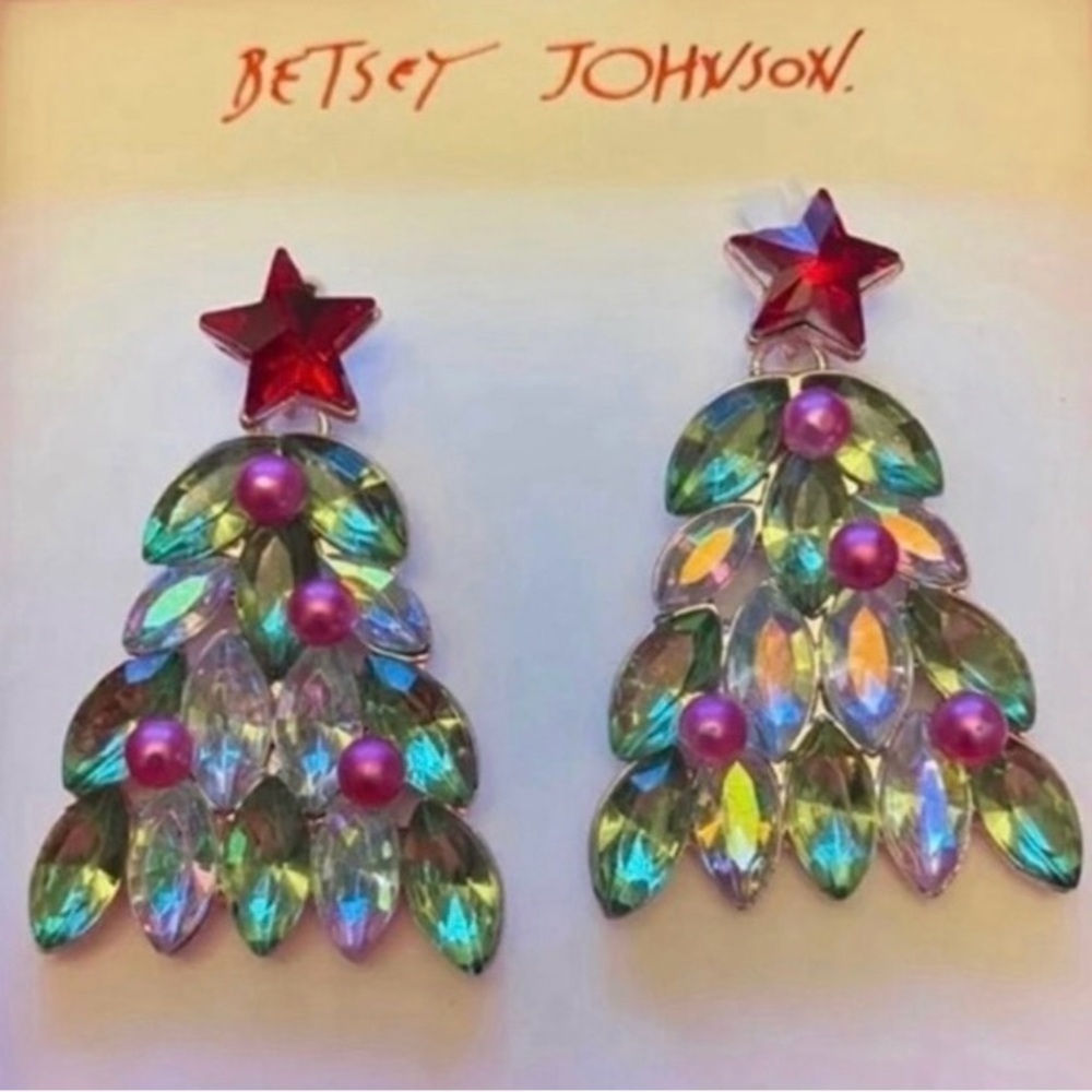 BETSEY JOHNSON Christmas Tree Holiday Earrings Crystals Sparkle Articulated NWT